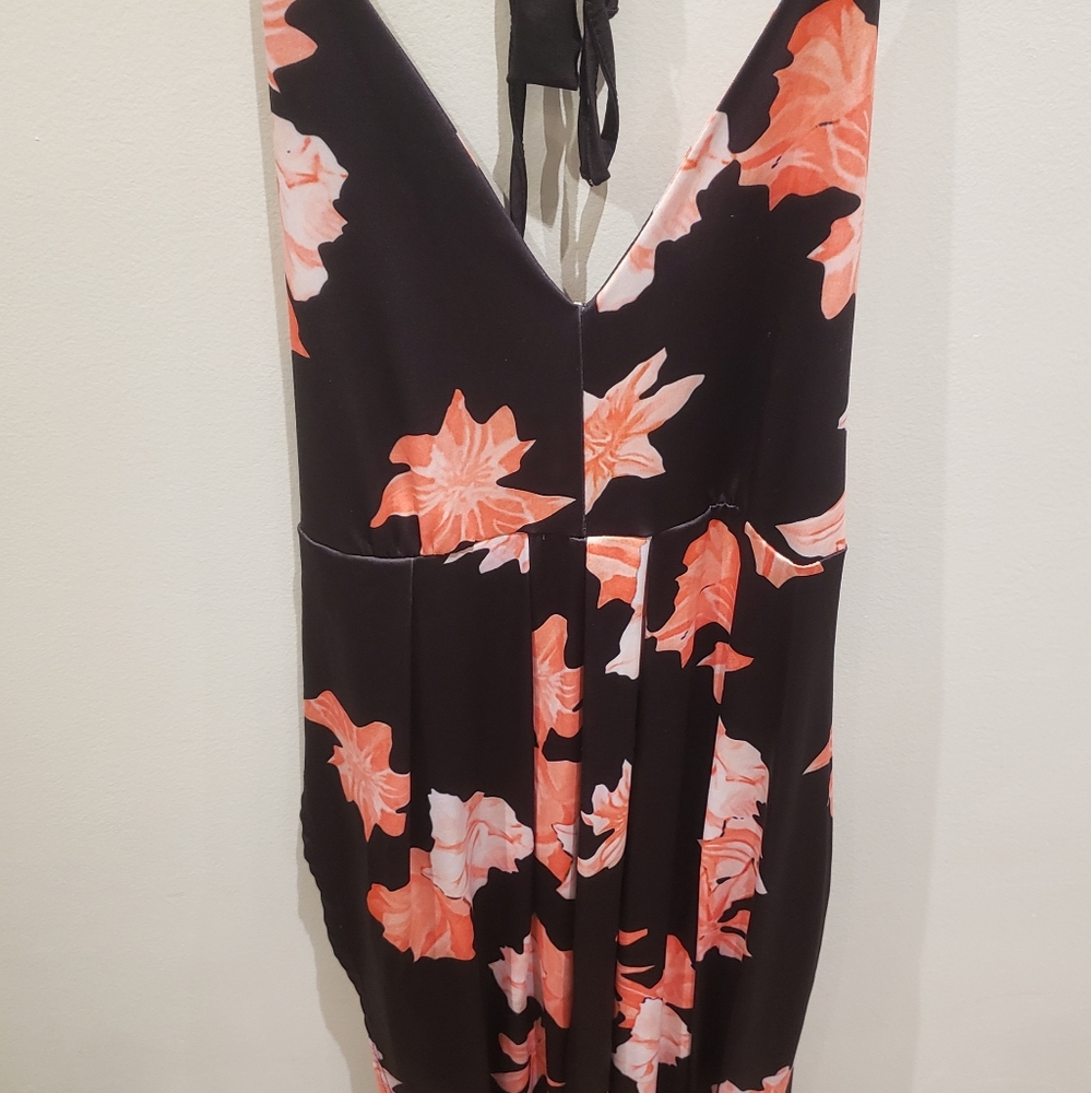 Black and Coral Floral Halter Maxi Dress